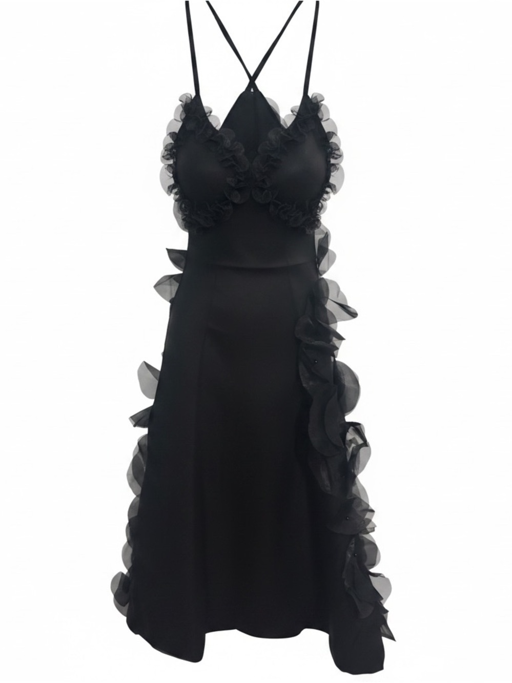 Elegant Black Ruffle-Trim Midi Dress with Cross Back Straps